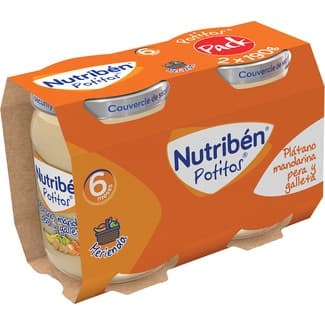 Potitos Merienda tarrito plátano, mandarina, pera y galleta desde 6 meses pack 2 envases 190 g -