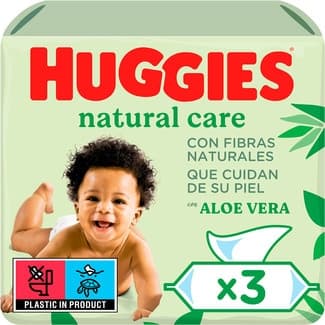 Toallitas infantiles Natural Care 99% Agua y con Aloe Vera pack 3 envases 56 unidades sin perfume -