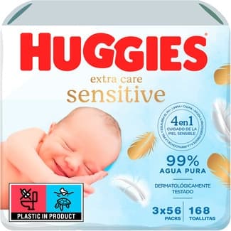 Toallitas infantiles Pure Extra Care Sensitive 99% agua pack 3 envases 56 unidades para pieles sensibles, sin perfume -