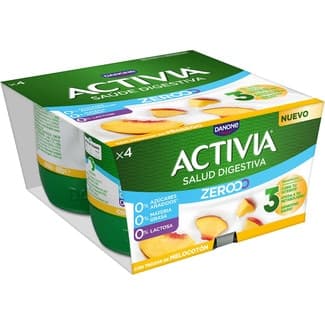 Triple Zero bífidus con trozos de melocotón desnatado 0% m.g. 0% azúcares añadidos pack 4 unidades 120 g sin gluten sin lactosa -