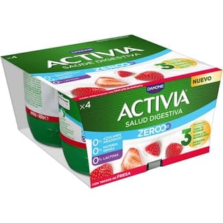 Triple Zero bífidus con trozos de fresa desnatado 0% m.g. 0% azúcares añadidos pack 4 unidades 120 g sin gluten sin lactosa -