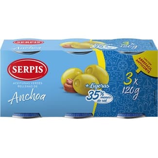 Aceitunas rellenas de anchoa + ligeras 35% menos sal pack 3 envases 50 g neto escurrido -