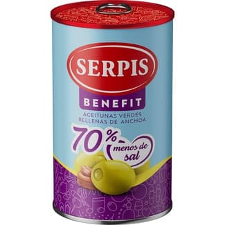 Benefit aceitunas rellenas de anchoa con 75% menos sal lata 130 g neto escurrido -