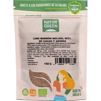 Semillas de lino marrón molido, nibs de cacao, y aronia ecológicas y sin gluten bolsa 150 g -
