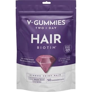 Hair Biotin gominolas para pelo fuerte y brillante sabor frutos rojos bolsa 50 unidades sin gluten, sin lactosa, vegano y sin edulcorantes -