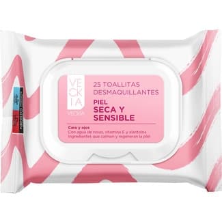 Toallitas desmaquillantes piel seca y sensible para cara y ojos paquete 25 unidades -