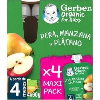Pera, manzana y plátano ecológicos y sin azúcares añadidos desde 4 meses pack 4 bolsitas 90 g -