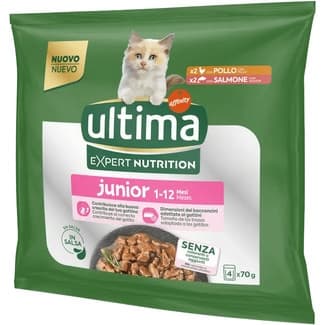 Expert Nutrition comida humeda para gatos junior 1 a 12 meses 4 envases 70 g (2 pollo + 2 salmón) -