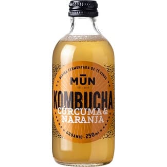 Kombucha bebida fermentada de té verde con cúrcuma y naranja ecológica, sin gluten botella 250 ml vegana y baja en azúcar -