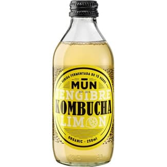 Kombucha bebida fermentada de té verde sabor jengibre limón ecológica, sin gluten y vegana botella 250 ml baja en azúcar -