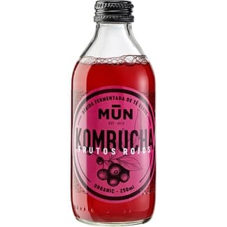 Kombucha bebida fermentada de té verde sabor a frutos rojos ecológica, sin gluten y vegana botella 250 ml baja en azúcar -