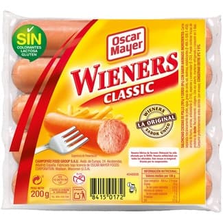 Wieners Classic salchichas cocidas de cerdo y pollo sabor ahumado 5 piezas envase 200 g sin gluten sin lactosa -