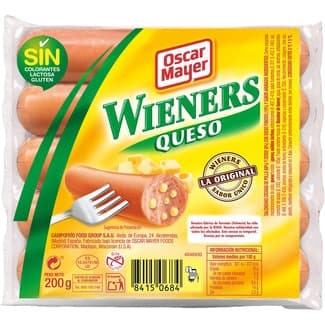Wieners salchichas cocidas de cerdo y pollo con trozos de queso sabor ahumado 5 piezas envase 200 g sin gluten -