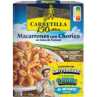 Macarrones con chorizo en salsa de tomate envase 300 g neto escurrido -