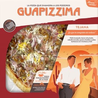 Pizza tejana pollo braseado, bacon ahumado, cebolla morada, queso cheddar y salsa barbacoa con mostaza y miel envase 400 g -