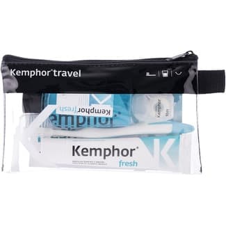 Kit dental tamaño viaje con enjuague bucal fluorado 50 ml + seda dental 10 m + cepillo + pasta de dientes fluorada 25 ml -