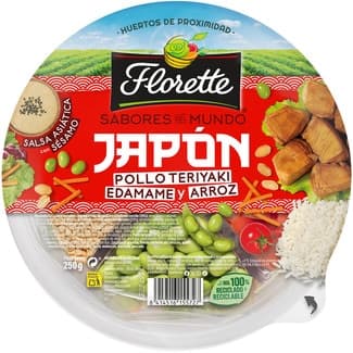 Ensalada Sabores del Mundo Japón con pollo teriyaki, edamame y arroz tarrina 250 g con salsa asiática con sésamo -