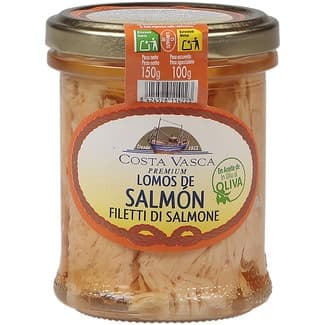 Lomos de salmón en aceite de oliva tarro 100 g neto escurrido -