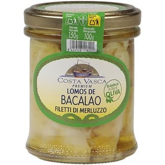 Lomos de bacalao en aceite de oliva tarro 100 g neto escurrido -