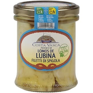 Lomos de lubina en aceite de oliva tarro 100 g neto escurrido -