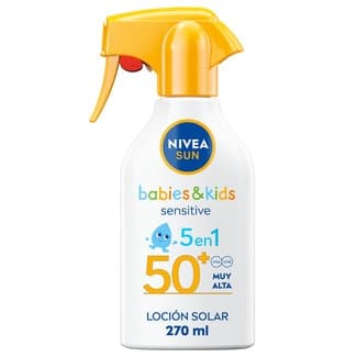 Babies & Kids Sensitive 5 en 1 leche solar SPF-50+ pistola 270 ml para piel sensible, extra resistente al agua -