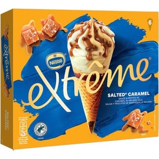 Cono de helado de vainilla con salsa de caramelo y pepitas de mantequilla salada estuche 660 ml 6 unidades -