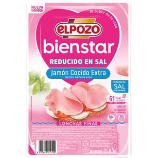 BienStar jamón cocido extra bajo en grasa reducido en sal en lonchas finas envase 65 g sin gluten sin lactosa -