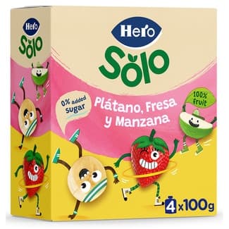 Bolsitas de plátano, fresa y manzana sin gluten desde 12 meses 0% azúcares añadidos pack 4 unidades 100 g -