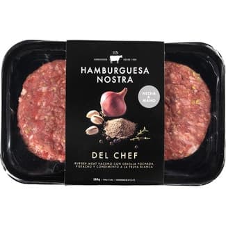 Del Chef burger meat 2 unidades hechas a mano sin gluten bandeja 300 g con carne de vacuno, cebolla pochada, pistacho y condimento a la trufa blanca -