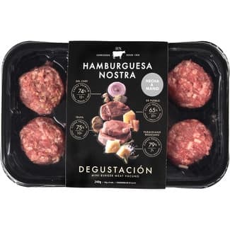 Degustación mini burger vacuno 2 del chef, 2 trufa, 2 de pueblo y 2 parmigiano reggiano bandeja 240 g hechas a mano sin gluten -
