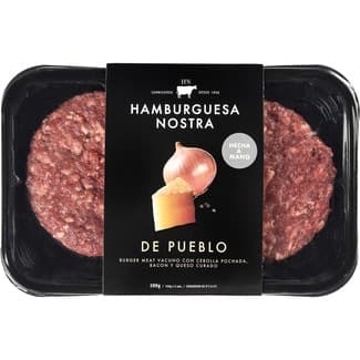 De Pueblo burger meat con carne de vacuno sin gluten hechas a mano 2 unidades bandeja 300 g con cebolla pochada, bacon ahumado y queso curado -