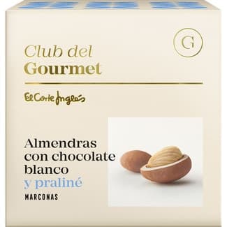 Almendras con chocolate blanco y praliné estuche 80 g -