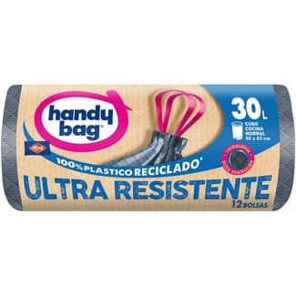 Bolsas de basura reciclada Ultra Resistente 55x63 cm 30 litros para cubo cocina normal rollo 12 unidades -