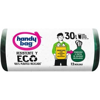 Bolsas de basura resistente y eco 100% plástico reciclado 55x63 cm 30 litros rollo 12 unidades para cubo normal -