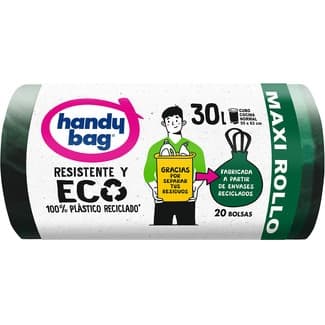 Bolsas de basura reciclada resistente y eco 95% plástico reciclado 55x63 30 litros rollo 20 unidades para cubo cocina normal -