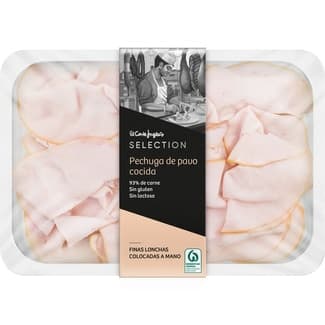 Pechuga de pavo cocida finas lonchas colocadas a mano sin gluten y sin lactosa envase 150 g -