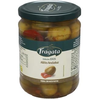 Aceitunas verdes con hueso aliño andaluz verdial partida frasco 250 g neto escurrido -