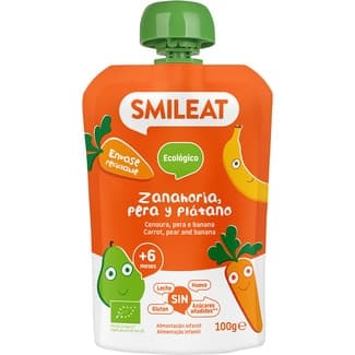 Zanahoria, pera y plátano ecológico sin gluten, sin leche desde 6 meses bolsita 100 g -