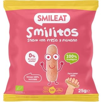 Smilitos snacks con fresa y plátano ecológico, sin gluten desde 18 meses bolsa 25 g 0% azúcares añadidos y sin sal añadida -