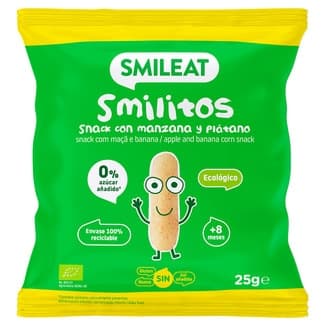 Smilitos snacks con manzana y plátano ecológico y sin gluten desde 8 meses bolsa 25 g 0% azúcares añadidos y sin sal añadida -