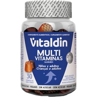 Gominolas multivitaminas sabor a melocotón, naranja y mora sin azúcar bote 30 unidades niños y adultos -