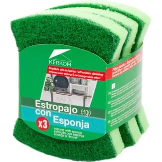 Estropajo con esponja fibra verde ergo paquete 3 unidades -