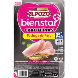 Bienstar + Proteínas pechuga de pavo sin grasa sin azúcares en lonchas finas envase 120 g sin gluten sin lactosa -