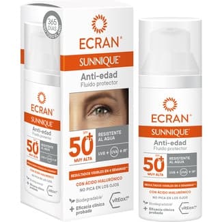 Sunnique fuido facial solar protector anti-edad con ácido hialurónico y vitEox 80 SPF-50+ dosificador 50 ml resistente al agua -