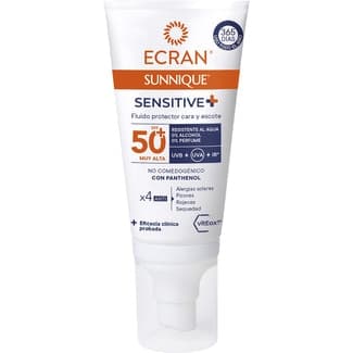 Sunnique Sensitive + fluido protector solar para cara y escote vitEox 80 SPF-50+ dosificador 50 ml resistente al agua -