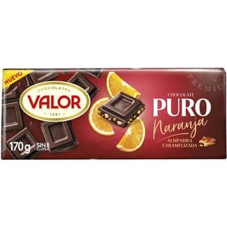Chocolate puro con almendras caramelizadas y naranja sin gluten tableta 170 g -
