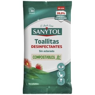 Limpiador en toallitas desinfectantes sin aclarado sin lejía eucalipto paquete 30 unidades compostables -