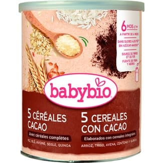 Papilla ecológica de 5 cereales integrales con cacao sin azúcar añadido lata 220 g -