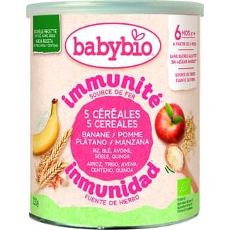 Inmunité papilla ecológica de 5 cereales plátano y manzana a partir de 6 meses lata 220 g sin azúcar añadido -