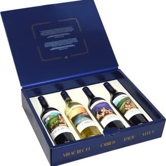 Estuche de 4 botellas de vino con 1 tinto Villa Creces Ribera del Duero 1 blanco Orben Rioja 1 tinto Idazi Rioja y 1 tinto Vetus Toro Happy New Twenties -